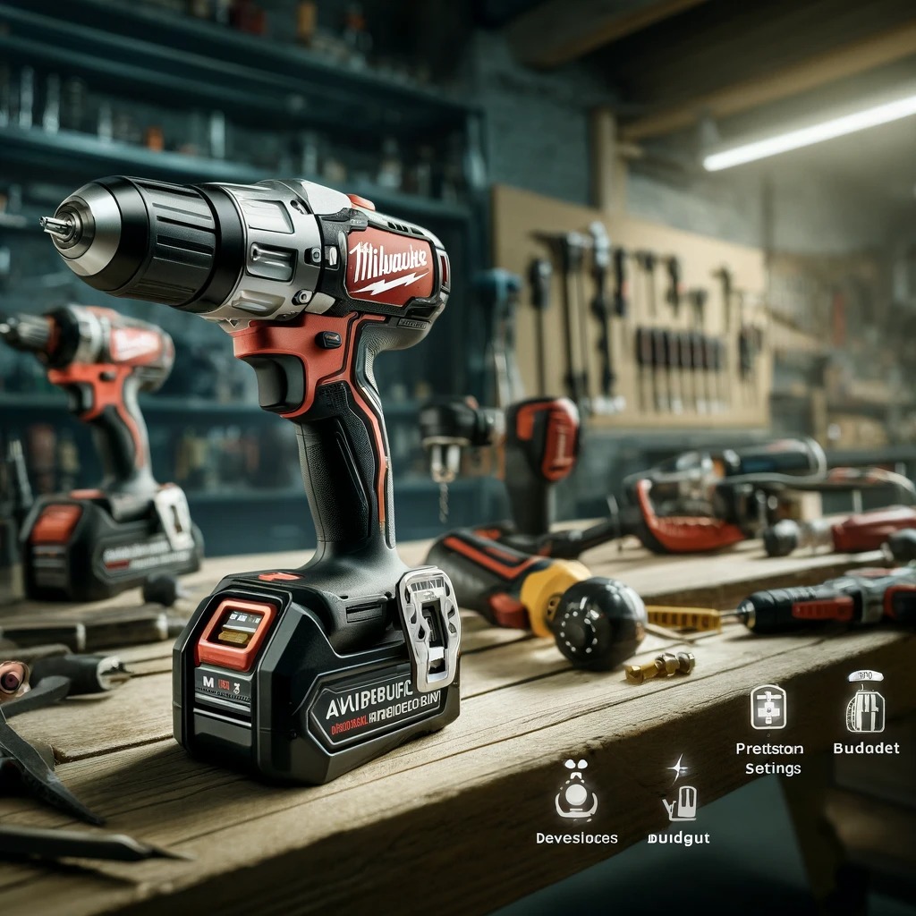 Close-up of a Milwaukee power drill and other professional-grade power tools on a workshop bench, emphasizing their advanced features and robust design in a well-lit, organized setting.