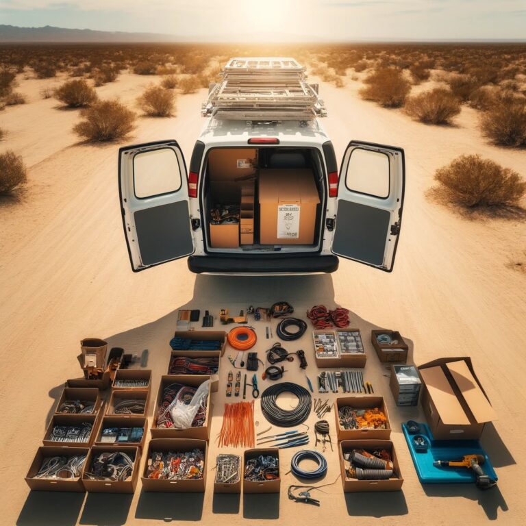 Aerial view of a van in the desert, showing an organized display of tools and materials for electrical installation.