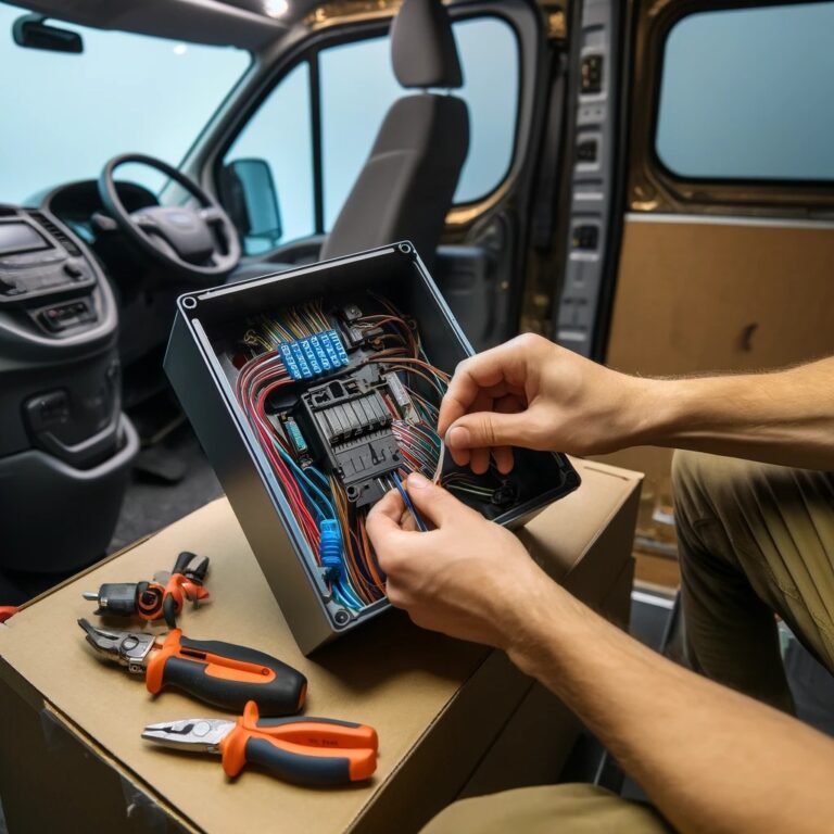 Close-up view of the interior of a Ford Transit van, showing the installation of electrical wires into a junction box during the camper van conversion.