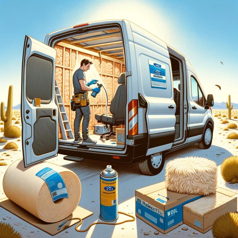 Man installing insulation in a Ford Transit van in the desert, featuring spray foam, Reflectix, and wool to maintain comfortable temperatures.