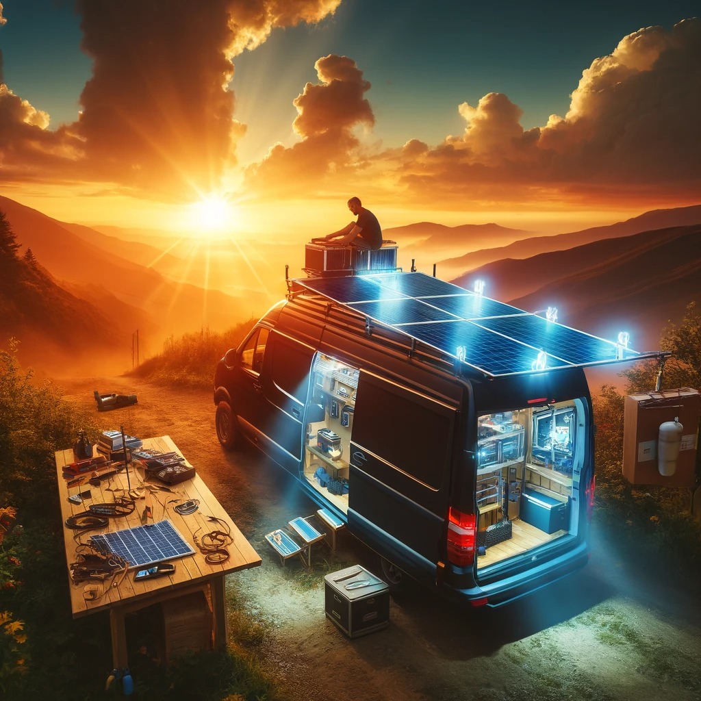A breathtaking sunset casts a warm glow over the Project Freedom van, highlighting the newly installed solar panels and LED lights, symbolizing progress in the van modification project.