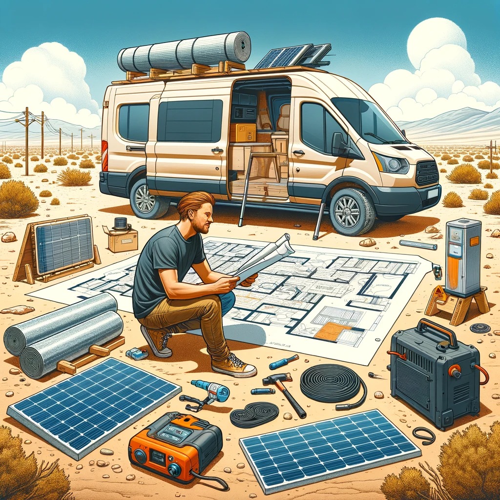 Man planning a van conversion in the Phoenix desert, surrounded by solar panels, insulation, and tools, with a blueprint on a table and a Ford Transit van in the background.