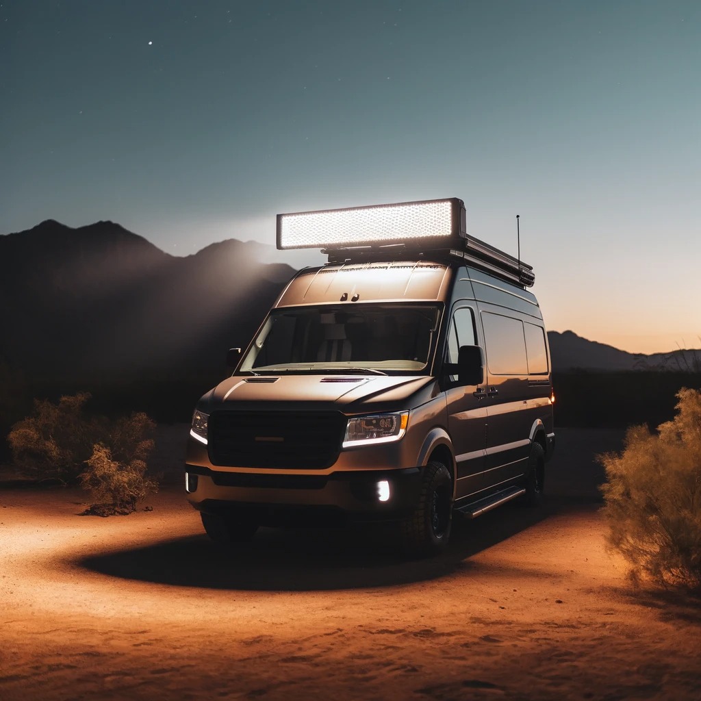 A serene desert scene at dusk with a camper van featuring a newly installed LED light bar, highlighting the van's readiness for night-time adventures