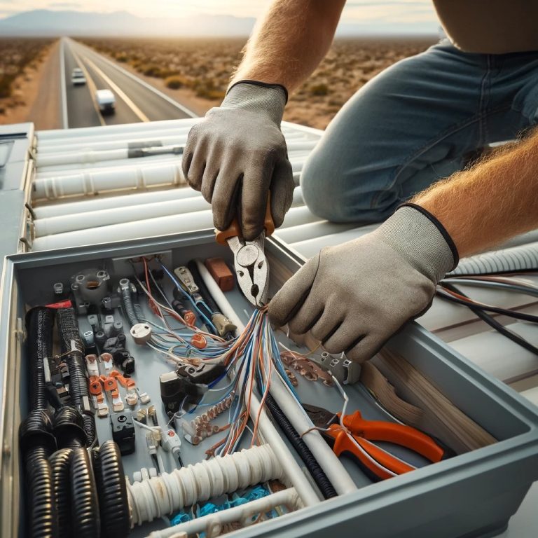 Close-up of hands wiring a junction box on a van roof, showcasing tools and electrical components.