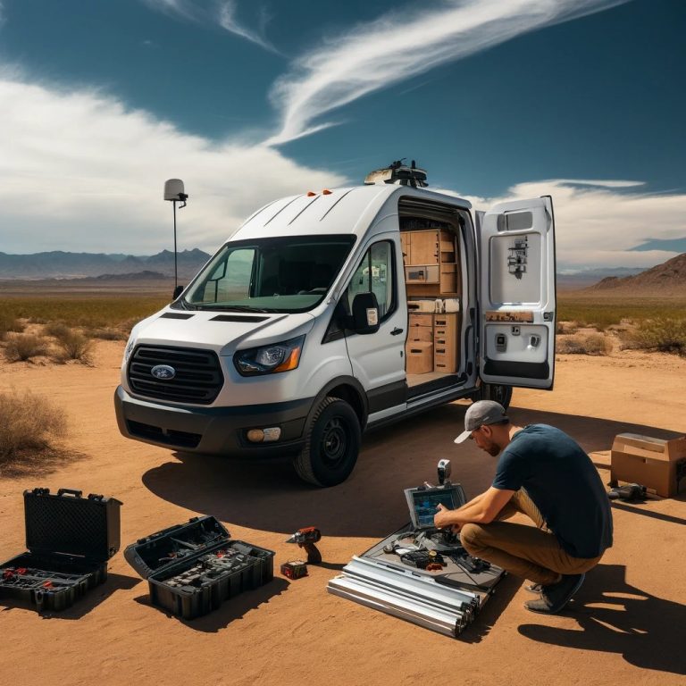 A man assembling security camera mounts next to his Ford Transit campervan in the vast desert landscape of Phoenix, AZ, embodying self-reliance and adventure.