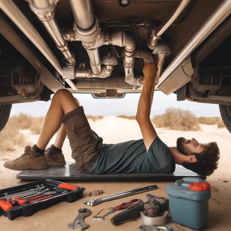 Steve installing plumbing under his camper van in the challenging outdoor conditions of the desert, demonstrating his adaptability and expertise.