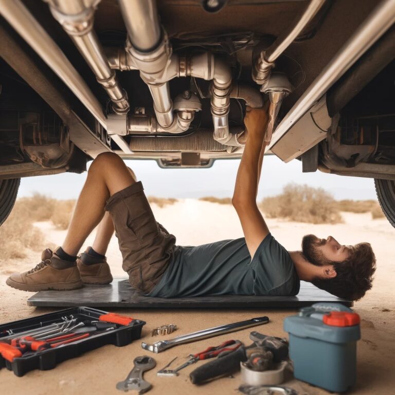Steve installing plumbing under his camper van in the challenging outdoor conditions of the desert, demonstrating his adaptability and expertise.