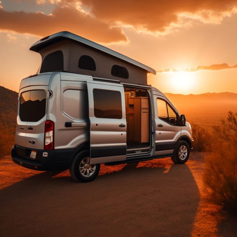 Side view of a Ford Transit van parked in the desert of Phoenix, Arizona during sunset, showing the open side door and the partially completed interior of the camper van.