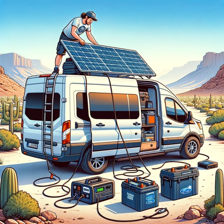 Man installing solar panels and connecting leisure batteries and a generator to a Ford Transit van in the Phoenix desert, ready for off-grid living.