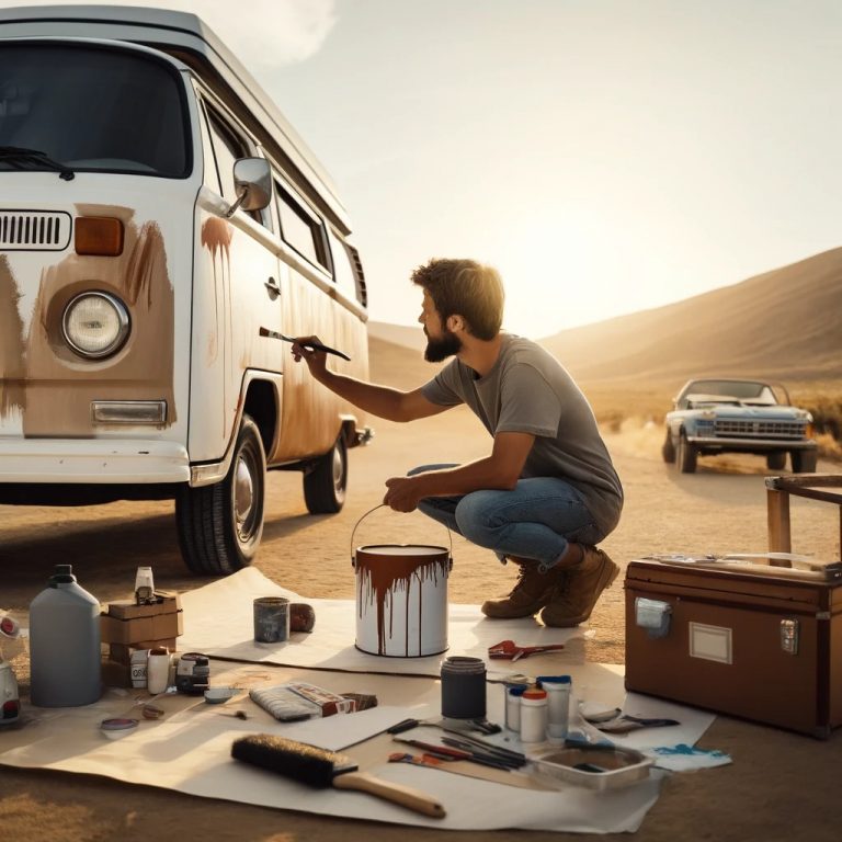 Steve painting the exterior of his camper van in the desert, adding a protective coating to withstand the harsh environmental elements.