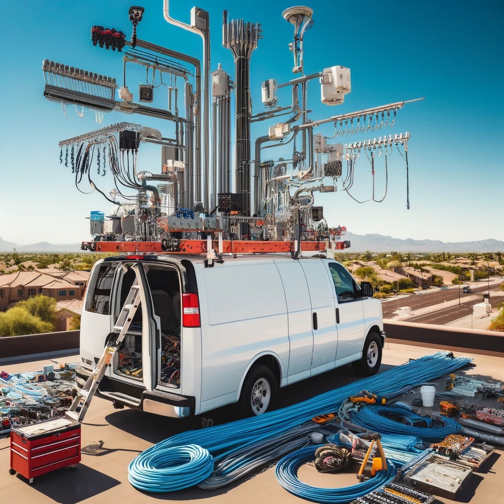An organized electrical conduit system installation on a camper van's roof under the sunny sky.