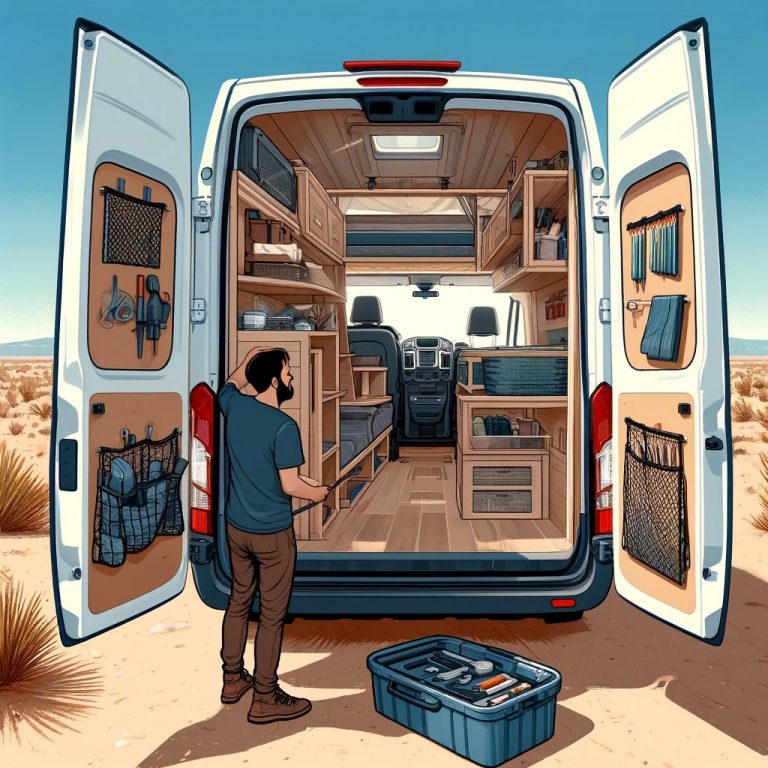 Man installing shelves, nets, and multi-purpose furniture in a Ford Transit van in the Phoenix desert, maximizing storage in a compact space.