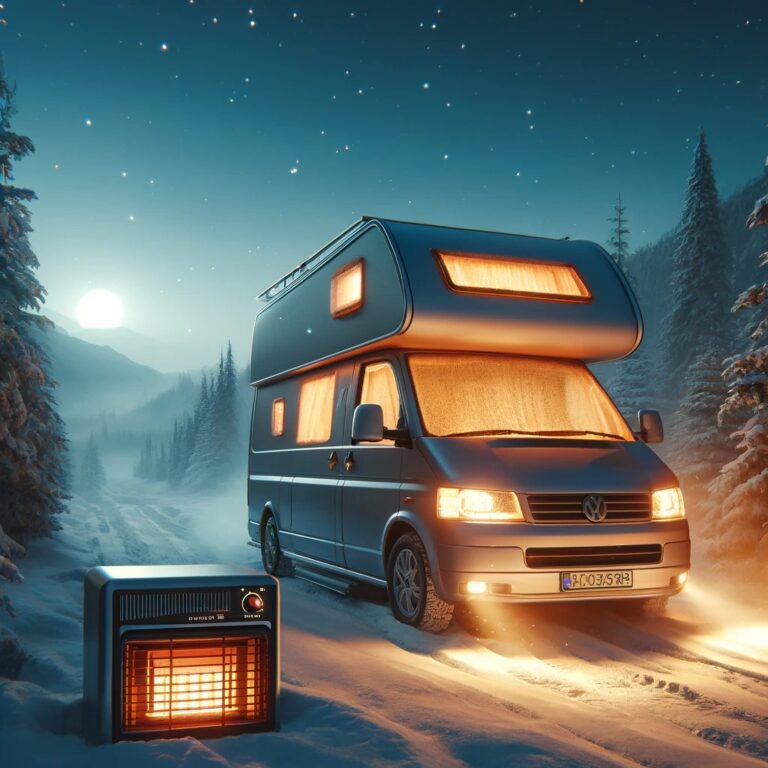 A cozy, warm light emitting from the windows of a camper van parked in a snow-covered landscape at night, highlighting the comfort provided by the diesel heater against the cold winter backdrop.