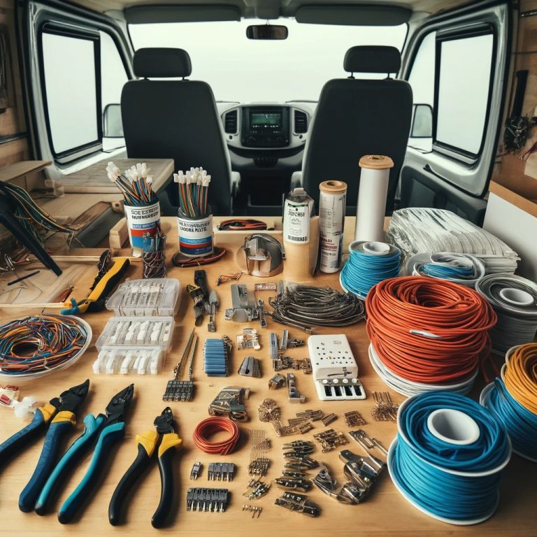 A variety of electrical installation tools and materials laid out inside a camper van, showcasing a neatly organized DIY workspace during the conversion process.