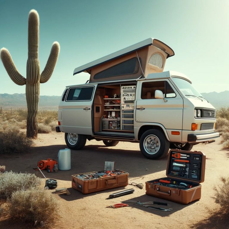 Detailed view of a camper van with open doors, displaying tools for installing a diesel heater, set against the desert backdrop of Phoenix, AZ.