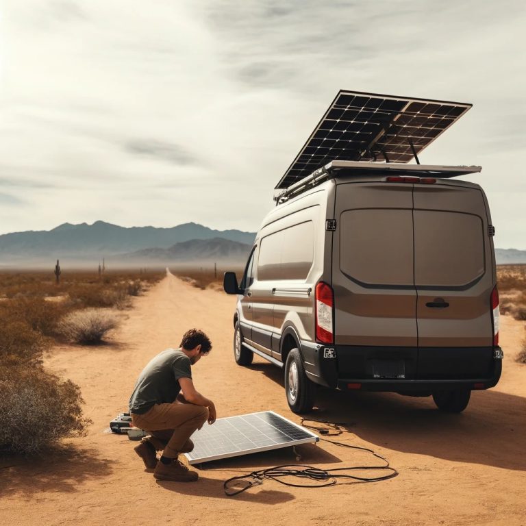 Steve working on installing solar panels on his camper van under the clear, sunny skies of the Phoenix desert, showcasing his technical skills in a serene landscape.