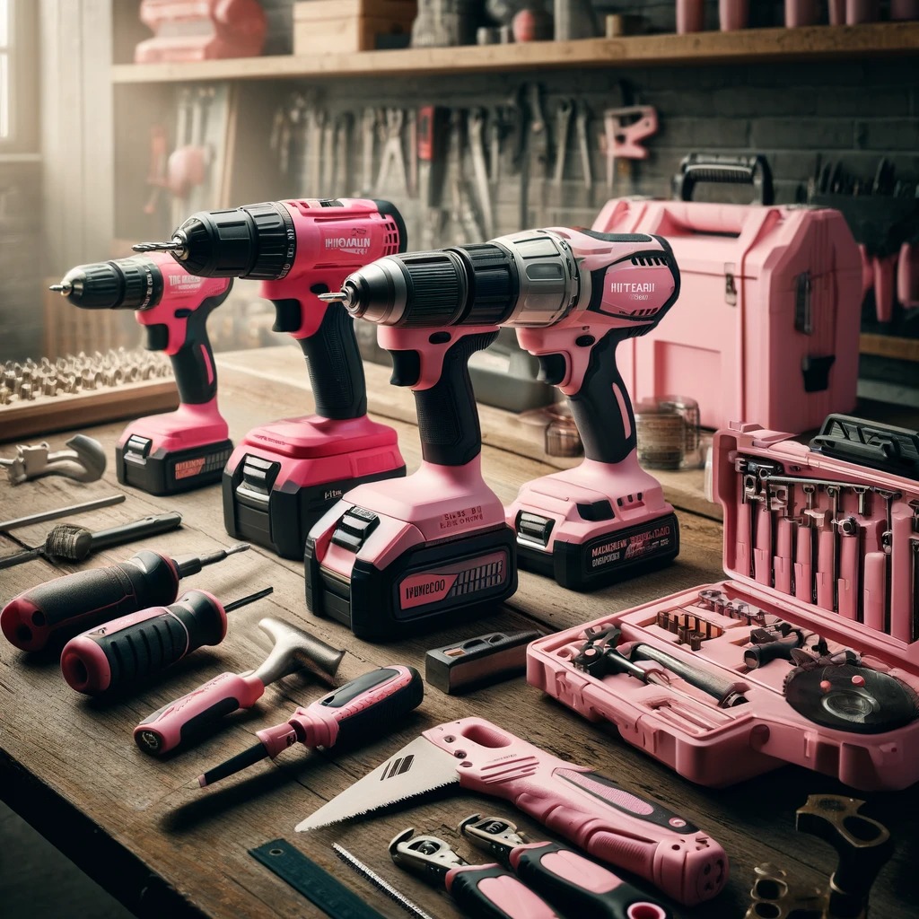 A variety of power tools including a Hitachi power drill, a Milwaukee power tools set, and pink power tools arranged on a workshop table, showcasing both professional and budget options.