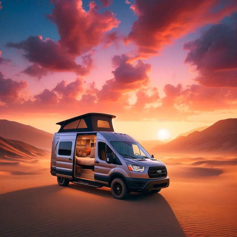 A panoramic view of a desert at sunset, featuring a converted 2023 Ford Transit van parked amidst the vibrant sky colors, symbolizing the beauty of van life and the freedom it embodies.