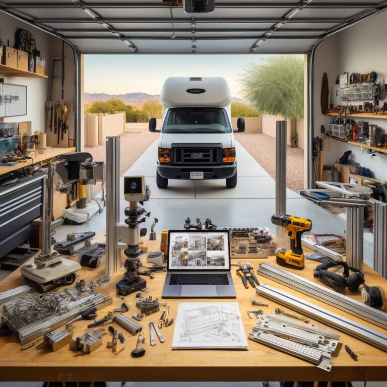 A spacious garage workshop with a variety of power tools and a security camera mount in progress, showcasing the DIY spirit of a campervan enthusiast in Phoenix, AZ.
