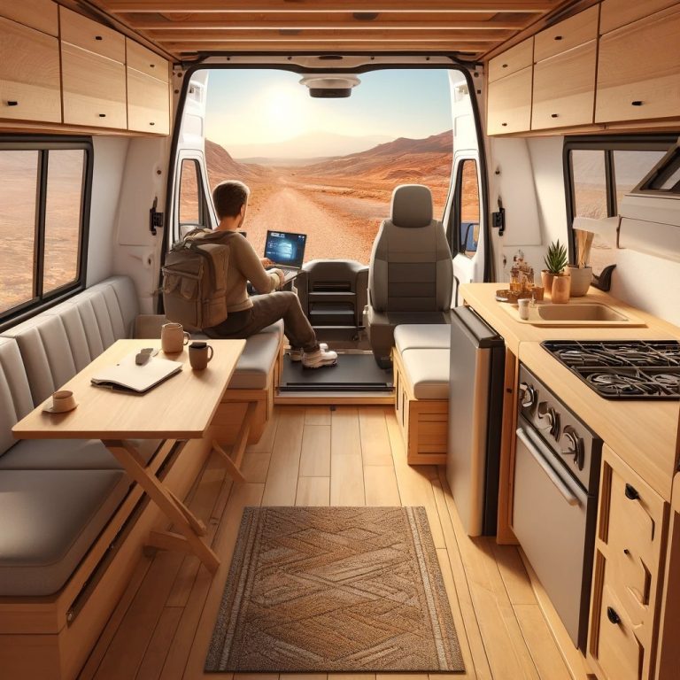 Inside a converted van, a person works on a laptop at a fold-down table, showcasing the blend of productivity and tranquility in van life, with a serene desert view through the window.